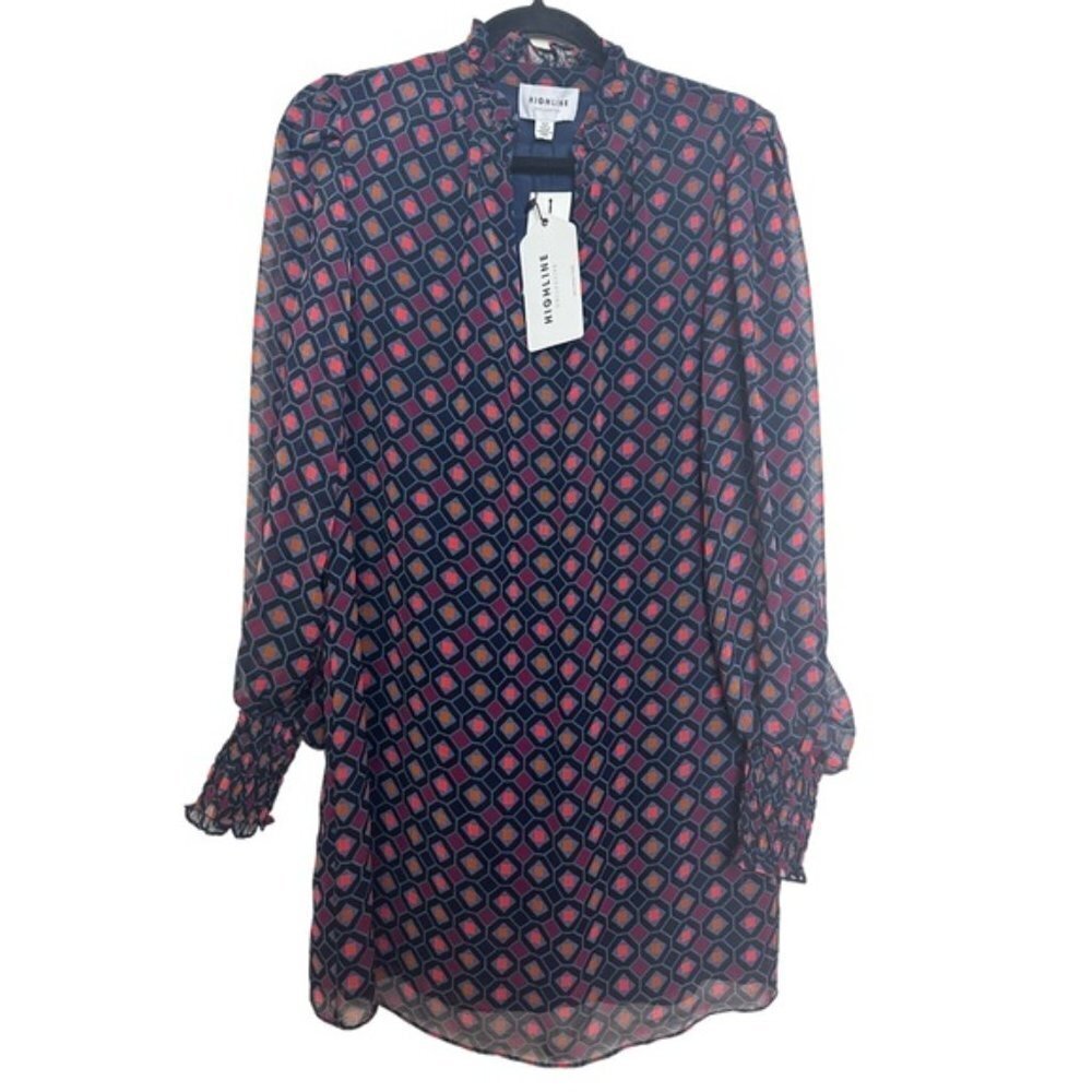 Highline Collective Geometric Print Ruffled Collar Chiffon Sheer Sleeves Dress